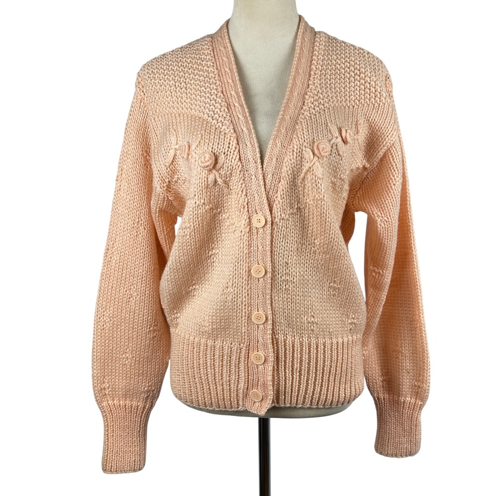 Vintage Koret Hand‎ Knit Cardigan Sweater Peach Floral Applique Wool Women Large